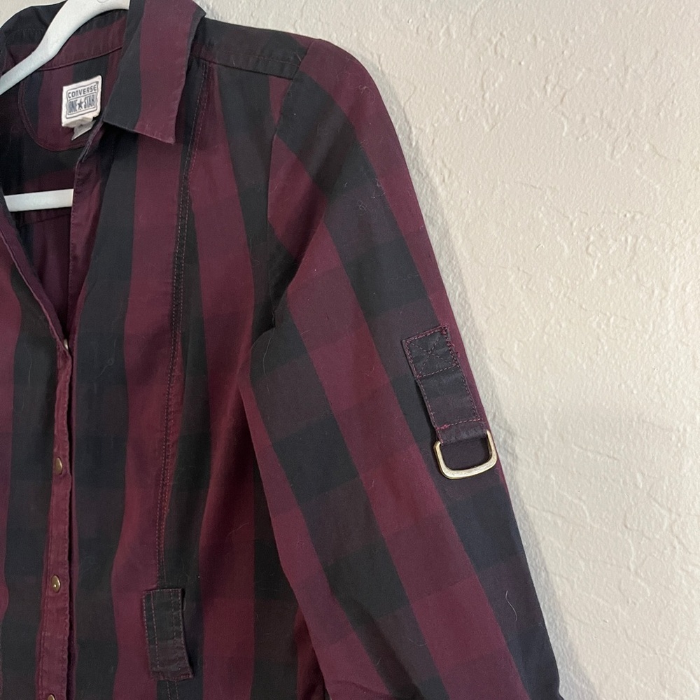 Women's CONVERSE One Star Snap Front 3/4 Sleeve Dress Black Maroon Size Small - Picture 8 of 8